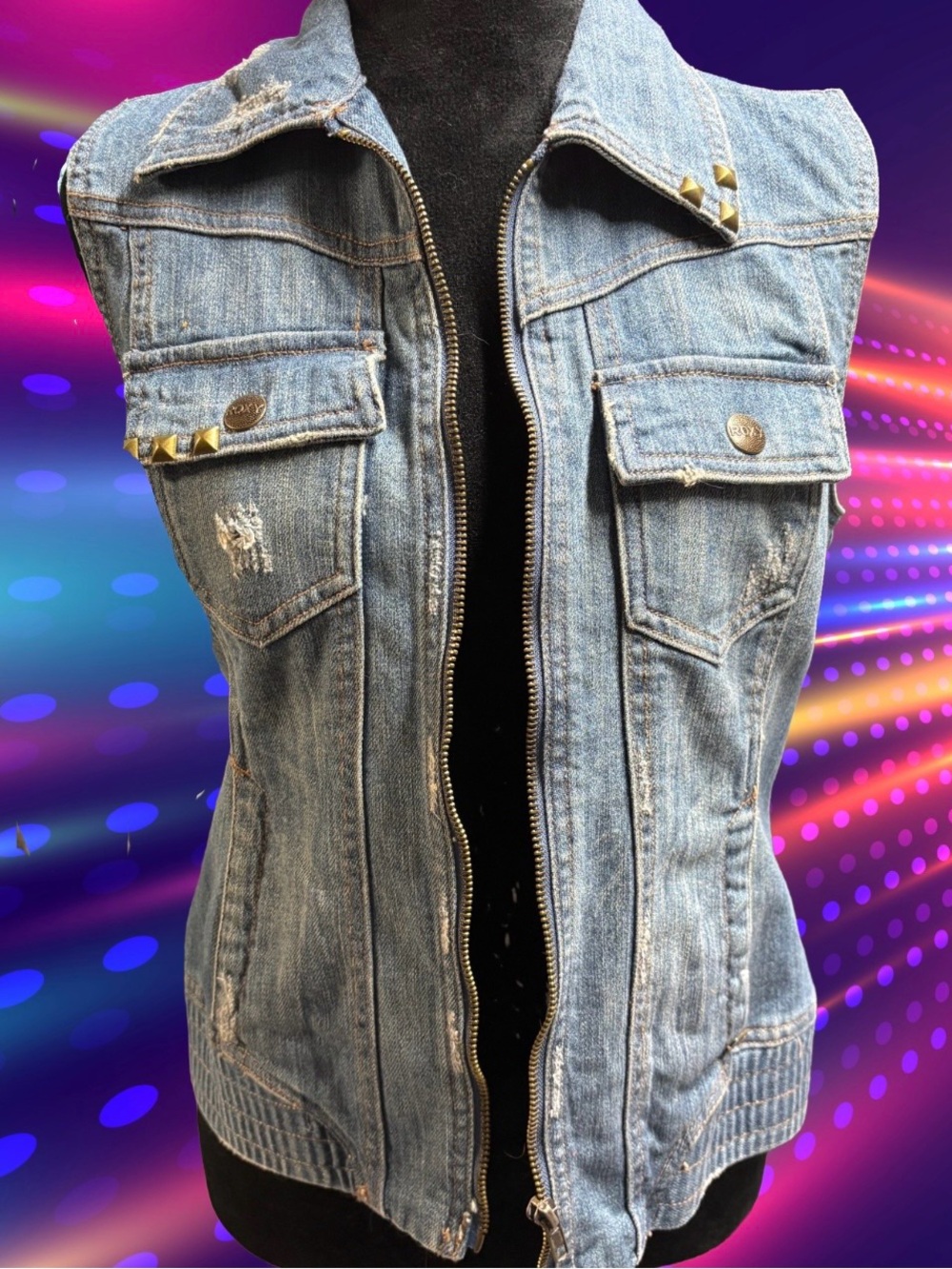 Roxy Light Blue Distressed Denim Vest with Stud Accents